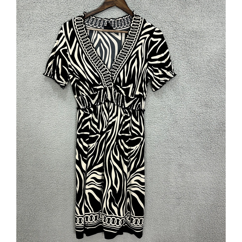 En Focus Studio Babydoll Midi Dress Womens 10 Black Geometric Stretch Y2K Boho